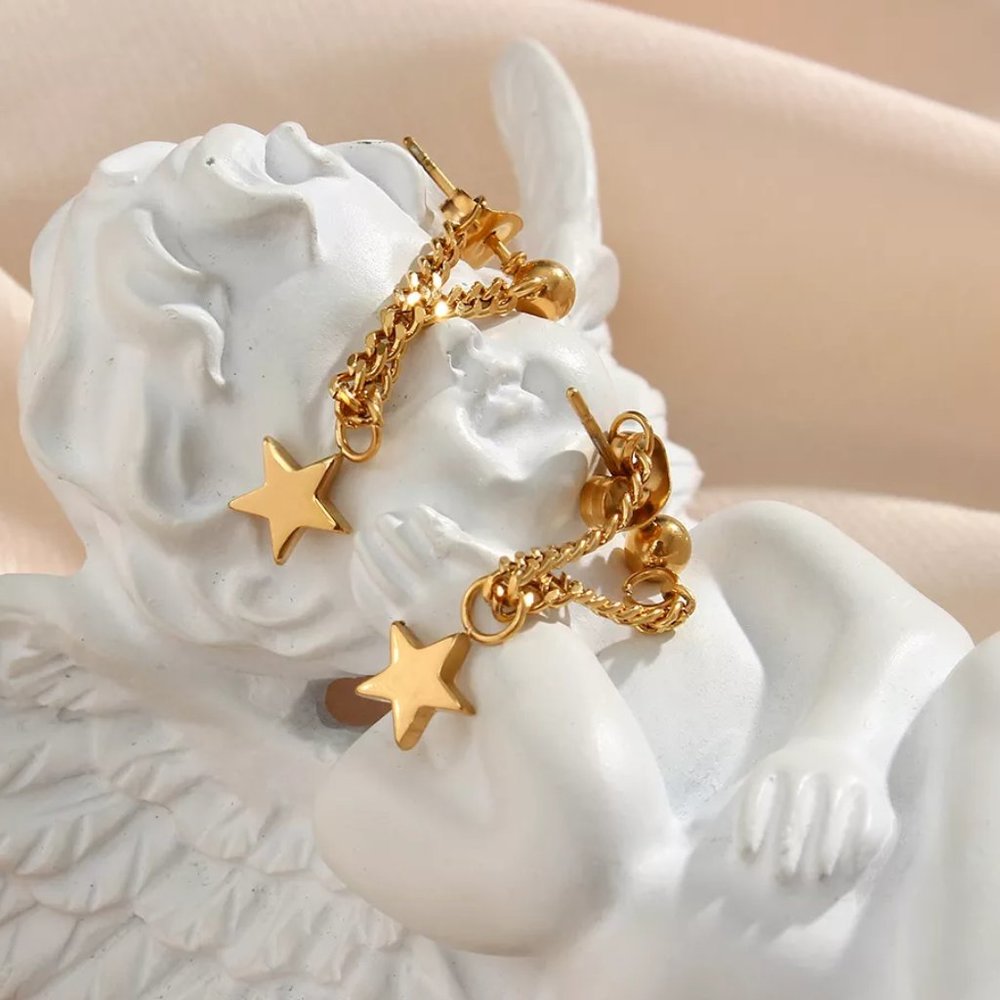 Star Chain Drop Earrings 18K Gold Plating Jewelry Gifts For Her / Wife / Mom - Picture 8 of 11